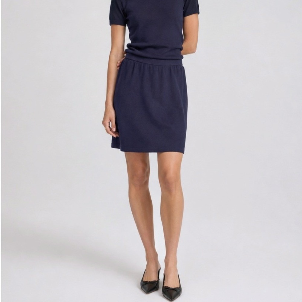 Vintage St John Marie Gray Santana Knit Skirt 12 Navy Blue Pencil Luxury Office